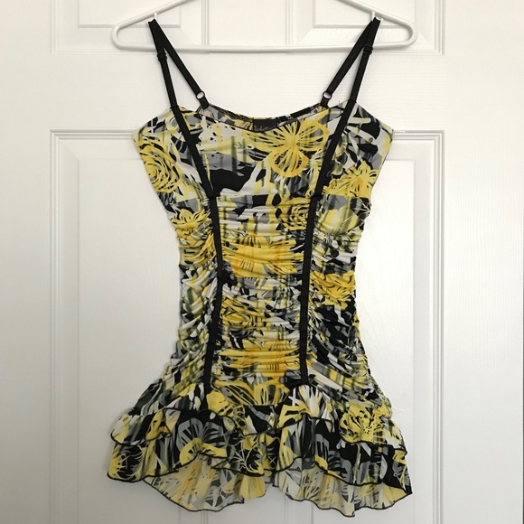 Rare Y2K Seduction Ruched Spaghetti Strap Top XS/S Fit Ruffle Hem Yellow Black - Picture 2 of 10